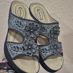 Atalina Black Sandal with Silver Floral Accents
